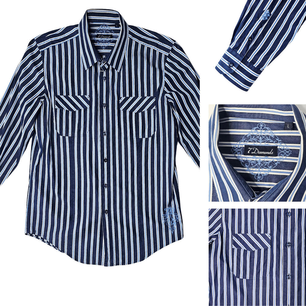7 Diamonds Blue  Striped Embroidered Men's Long Sleeve Button Up Shirt L